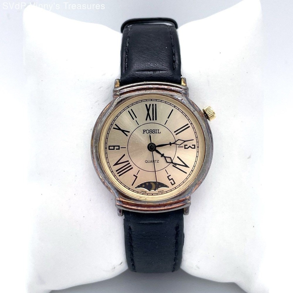 Vintage 90s Fossil Women's Moon Phase Quartz Watch Black Leather Strap Gold Tone